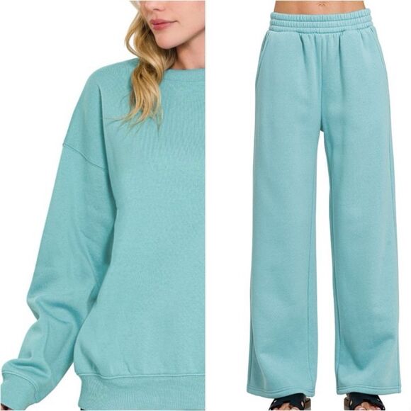 NWOT Zenana 2 Piece Loungewear Set Sweatshirt & Pants in Aqua. Oversized Size S. - Picture 1 of 8